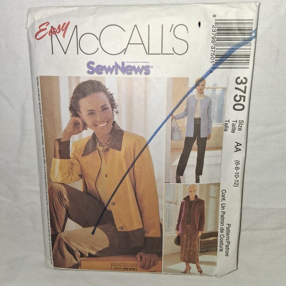 Easy McCalls Sewing Pattern 3750‎ Misses Unlined Jacket Pants Skirt Size AA Cut